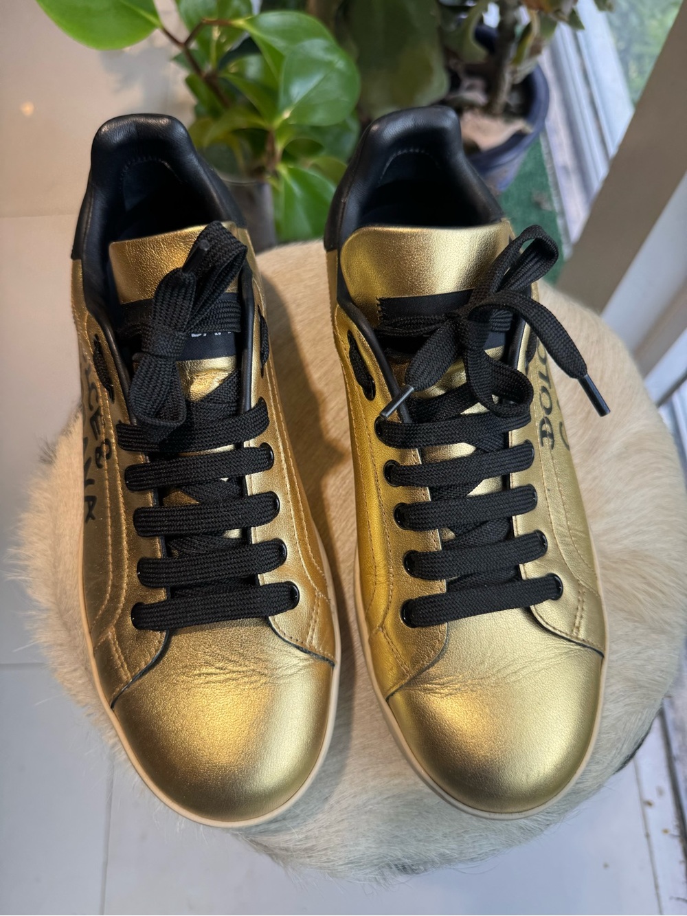Dolce & Gabbana Gold Metallic Leather Sneakers Size 39